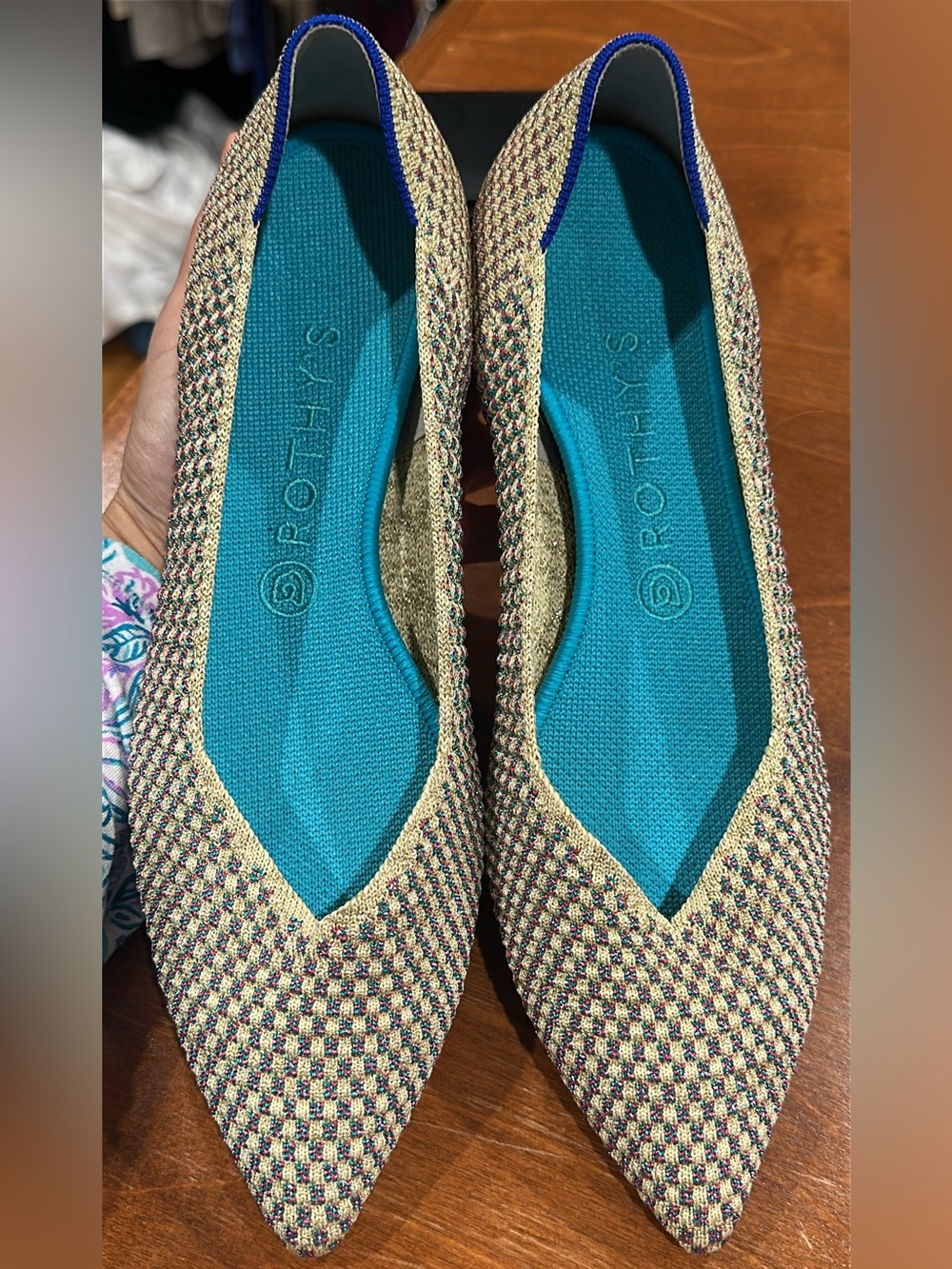 Rothy's Pointed Knit Flats Multimetallic - Teal Insole EUC
